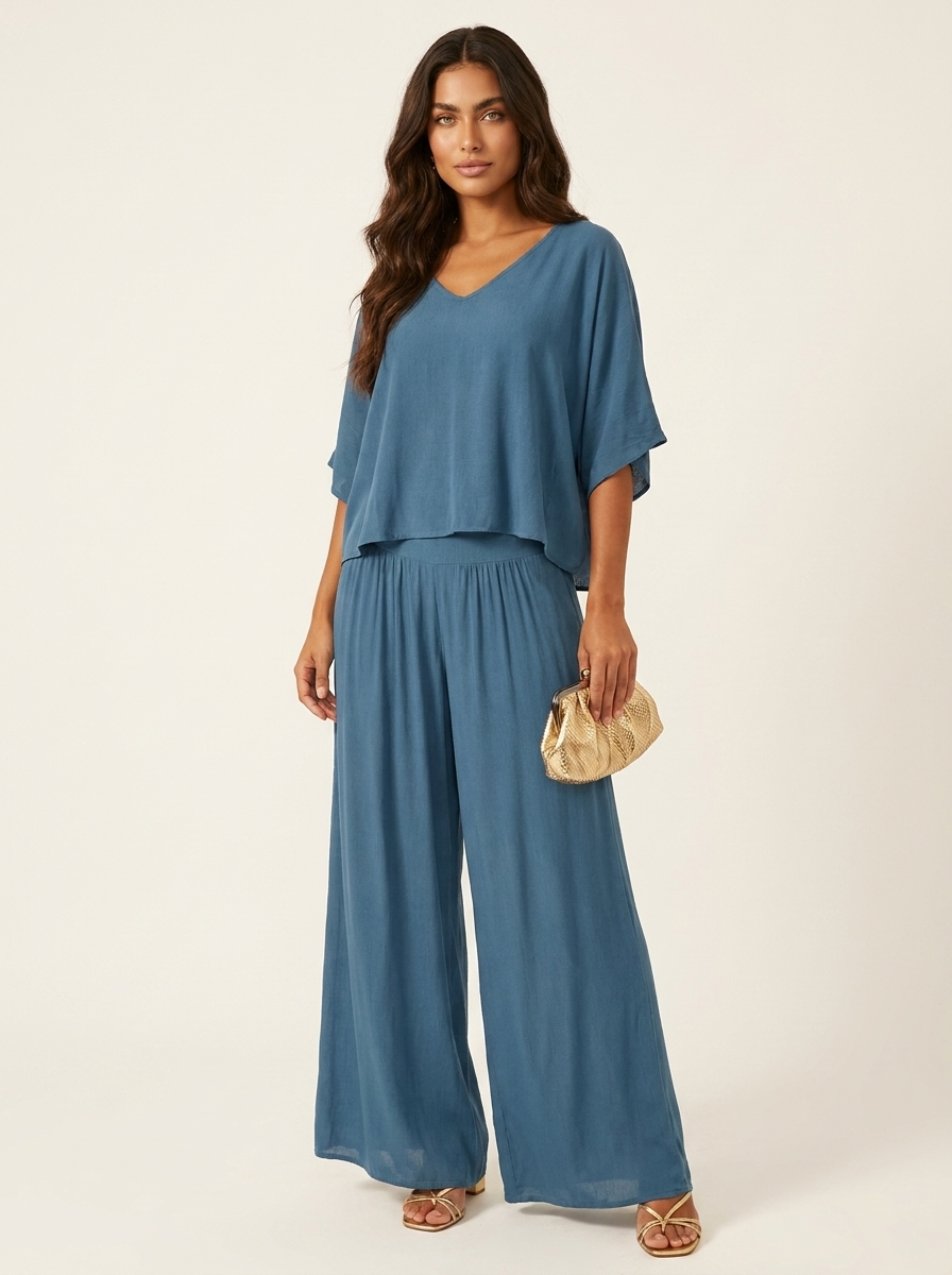 Two-Piece Set | Elegant V-Neck Top with Wide Trousers