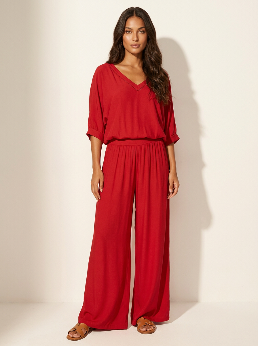 Two-Piece Set | Elegant V-Neck Top with Wide Trousers