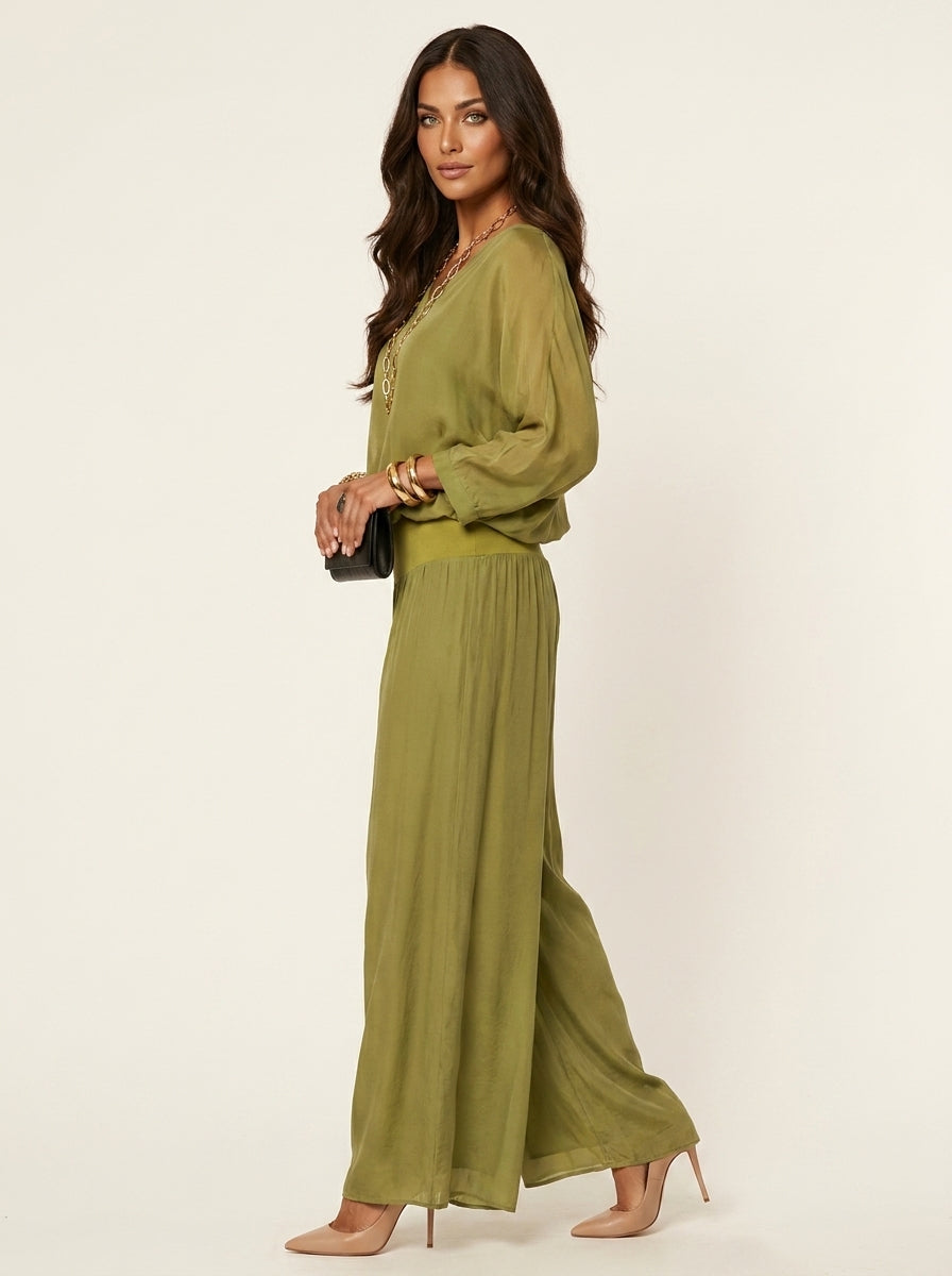 Two-Piece Set | Elegant V-Neck Top with Wide Trousers
