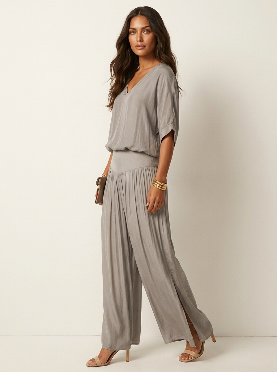 Two-Piece Set | Elegant V-Neck Top with Wide Trousers