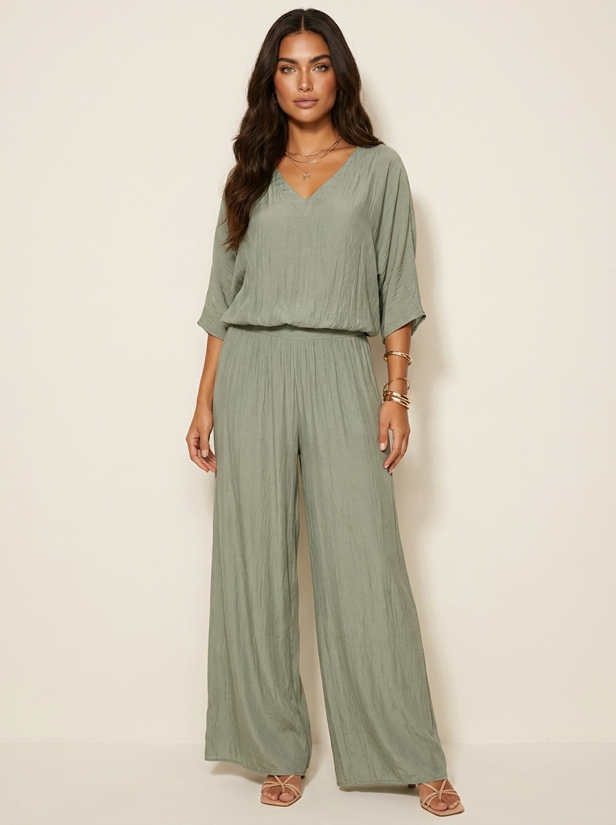 Two-Piece Set | Elegant V-Neck Top with Wide Trousers
