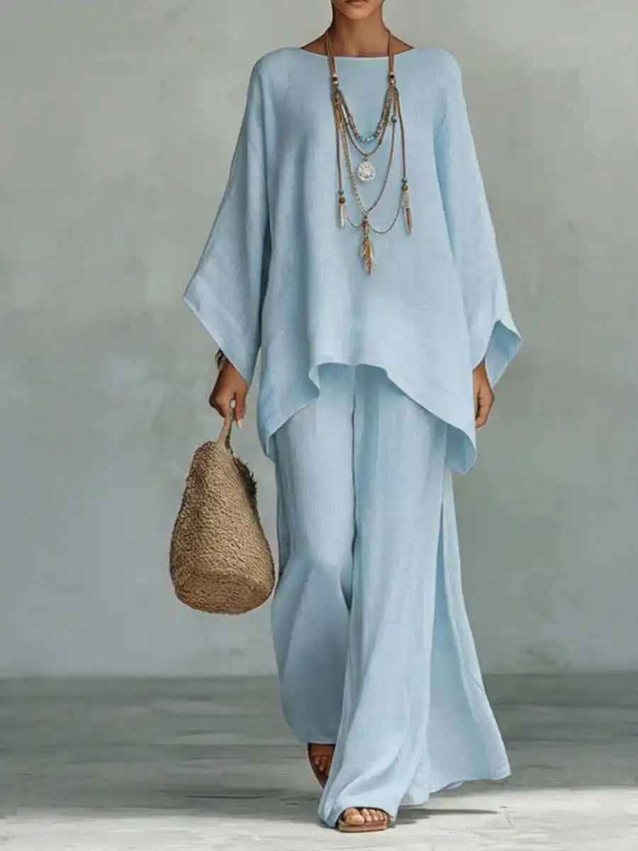 Two Piece Set | Modern Asymmetrical Top and Wide Leg Pants | Elegant Comfortable Design