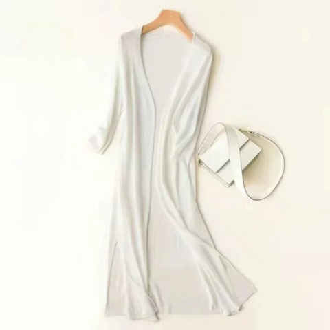 Long open cardigan for women with 3/4 sleeves and side slits