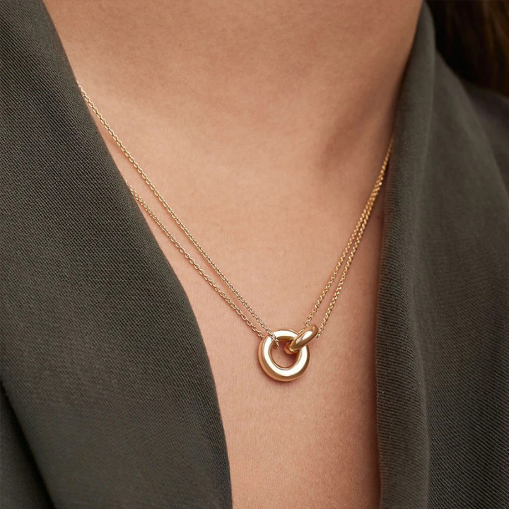Women's Stainless Steel Interlocking Ring Necklace | Minimalist Two-Tone Pendant Necklace