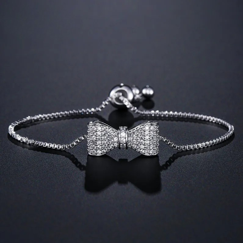 Women's Pavé Cubic Zirconia Bow Bracelet | Adjustable Stainless Steel Slider Bracelet