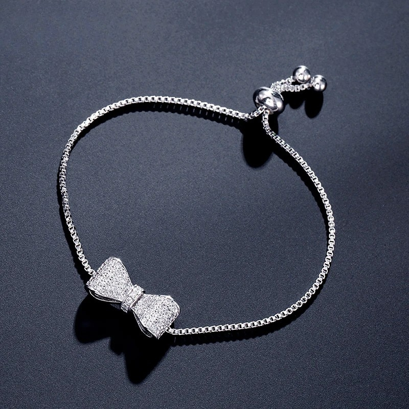 Women's Pavé Cubic Zirconia Bow Bracelet | Adjustable Stainless Steel Slider Bracelet