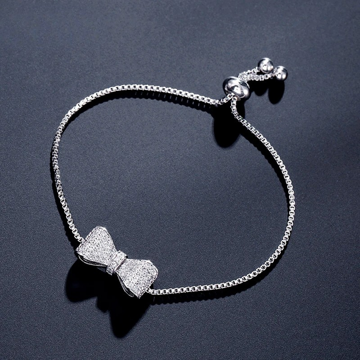Women's Pavé Cubic Zirconia Bow Bracelet | Adjustable Stainless Steel Slider Bracelet