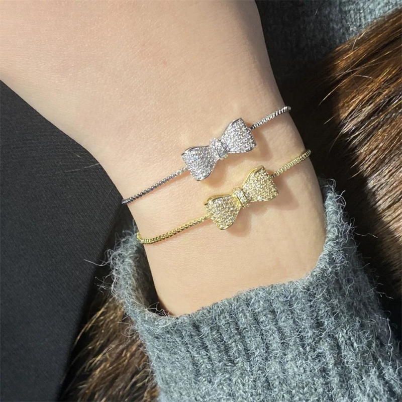 Women's Pavé Cubic Zirconia Bow Bracelet | Adjustable Stainless Steel Slider Bracelet