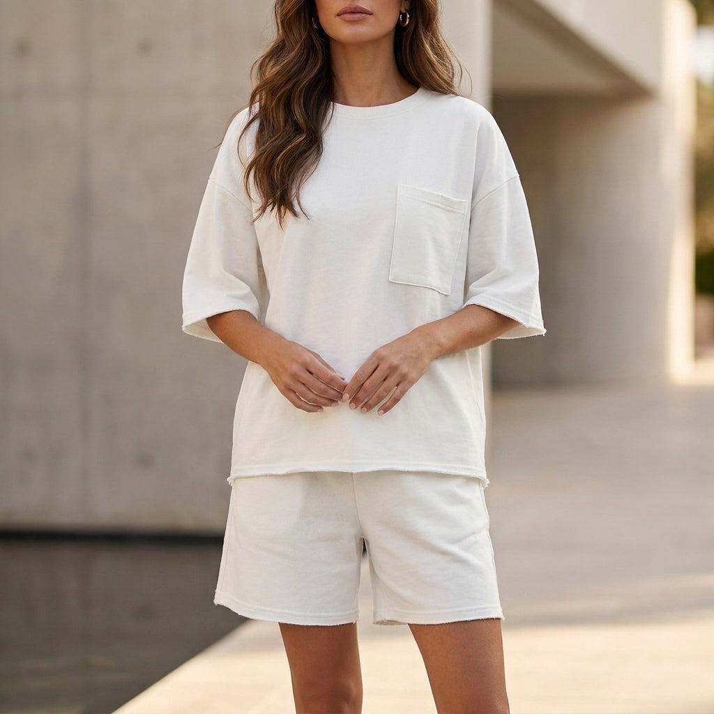 Duttini | Feminine Oversized Relaxed Two-Piece Set With Chest Pocket And Wide-Leg Shorts