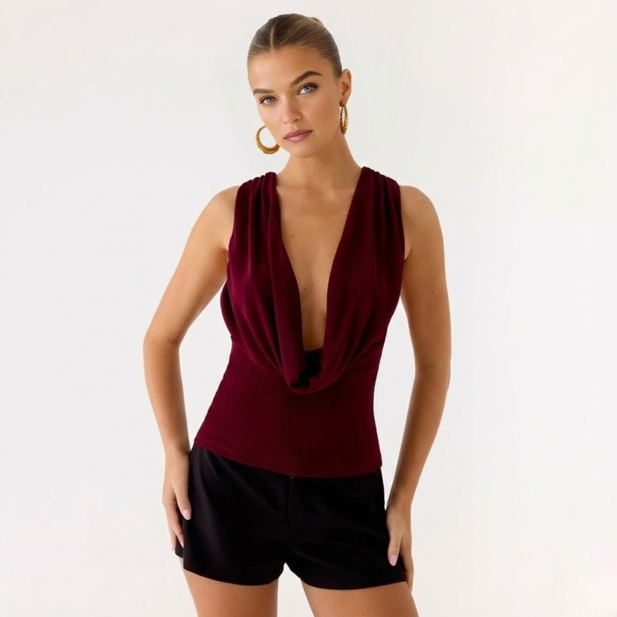 Soft Tencel Modal Blouse | Elegant Cowl Neck Open Back Top