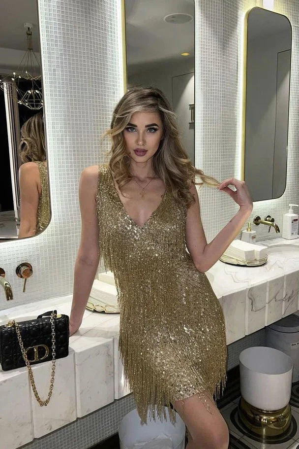 Women's Sequin Tassel Mini Dress | Glamorous Sleeveless Party Dress