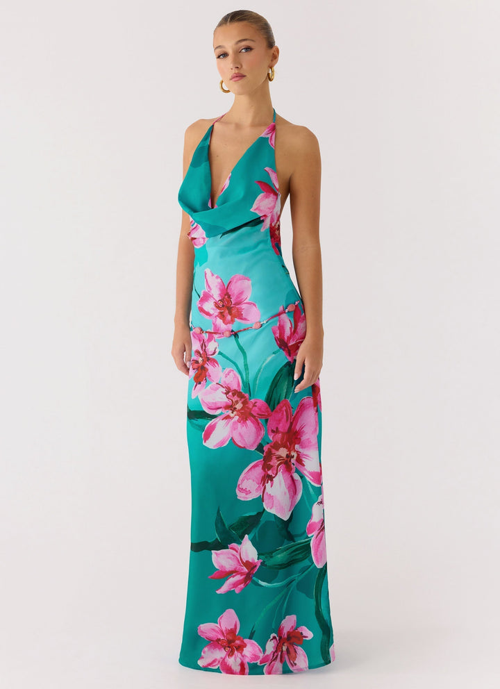 Yoon Beaded Cowl Maxi Dress Blue Green