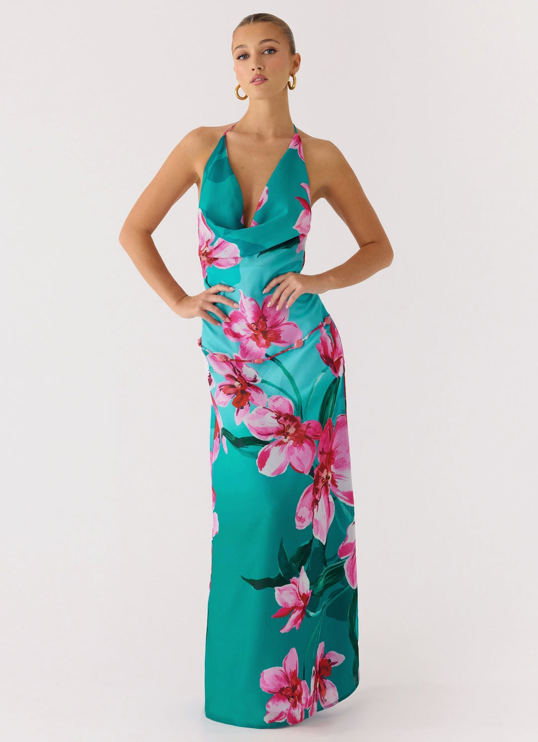 Yoon Beaded Cowl Maxi Dress Blue Green
