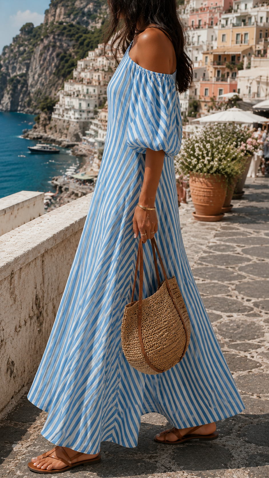Women's Striped Asymmetric Maxi Dress | Elegant Wide-Sleeve Maxi Dress