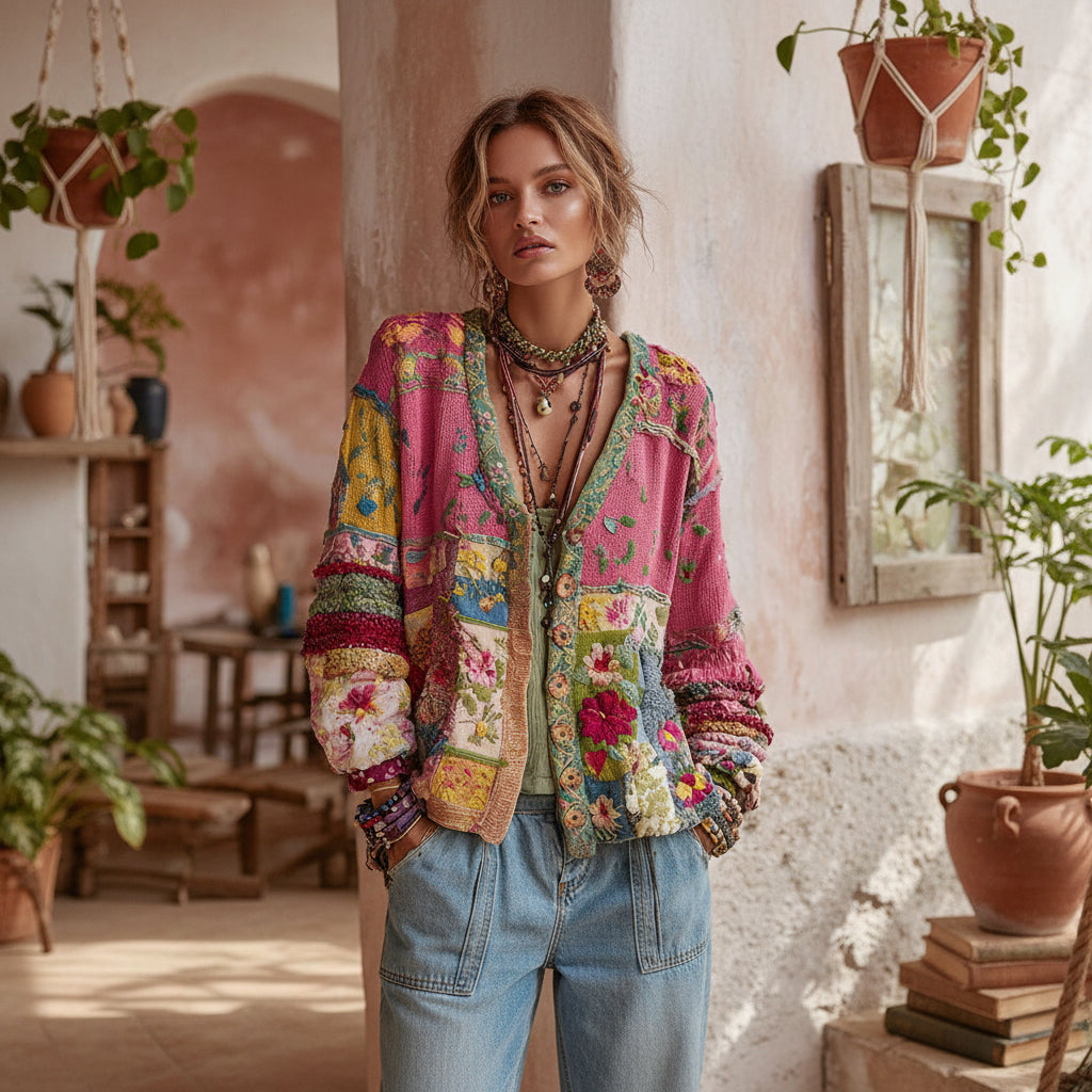 Women's Patchwork Knit Cardigan | Cozy Boho Floral Layer