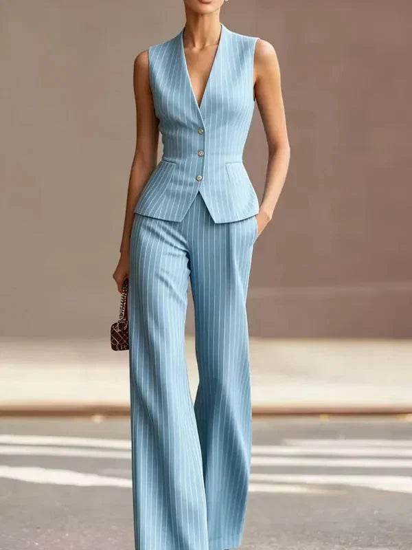 Women's Pinstripe Vest & Wide-Leg Trouser Set | Tailored Two-Piece Set