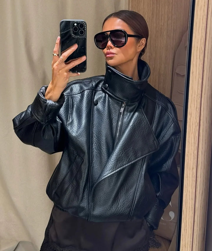 Black Faux Leather Jacket for Women with High Collar | Loose Zipped Fit