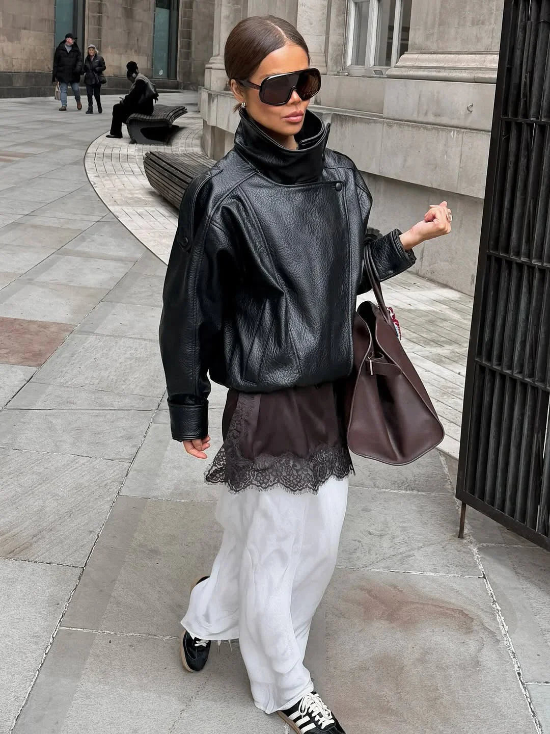 Black Faux Leather Jacket for Women with High Collar | Loose Zipped Fit