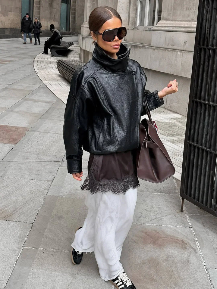 Black Faux Leather Jacket for Women with High Collar | Loose Zipped Fit