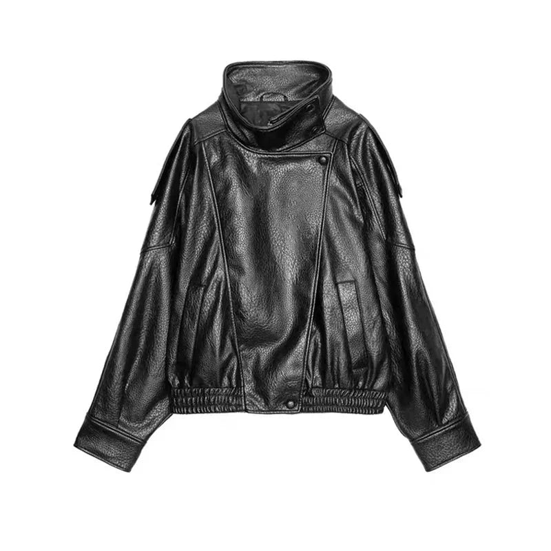 Black Faux Leather Jacket for Women with High Collar | Loose Zipped Fit