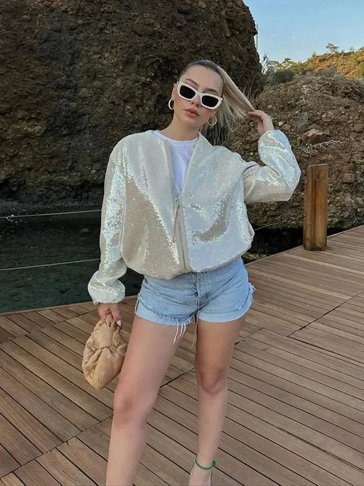 Ivory Sparkling Women's Bomber with Sequins and Zipper