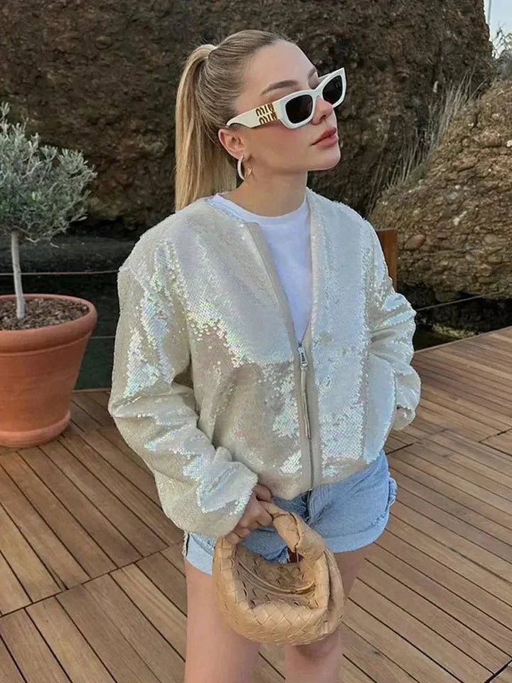 Ivory Sparkling Women's Bomber with Sequins and Zipper