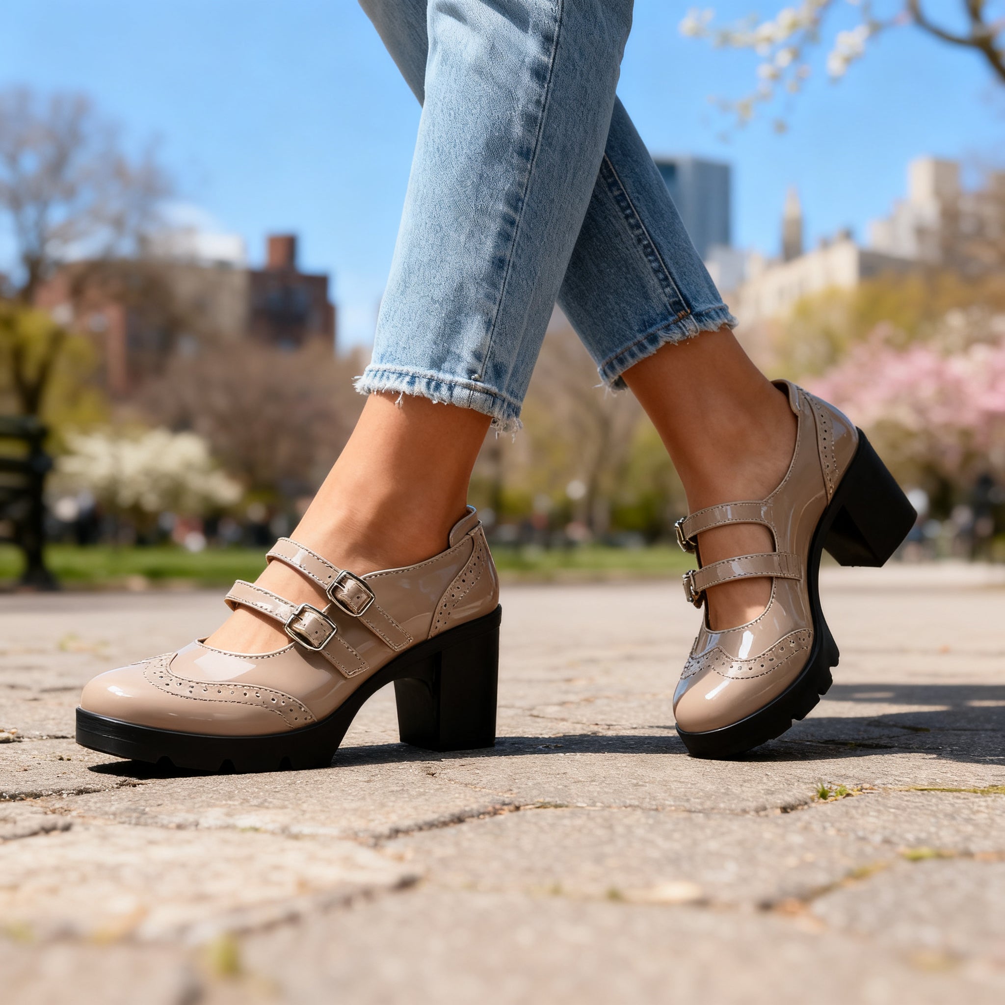 Women's Double Strap Platform Mary Jane Heels | Chunky Vintage Block Heels