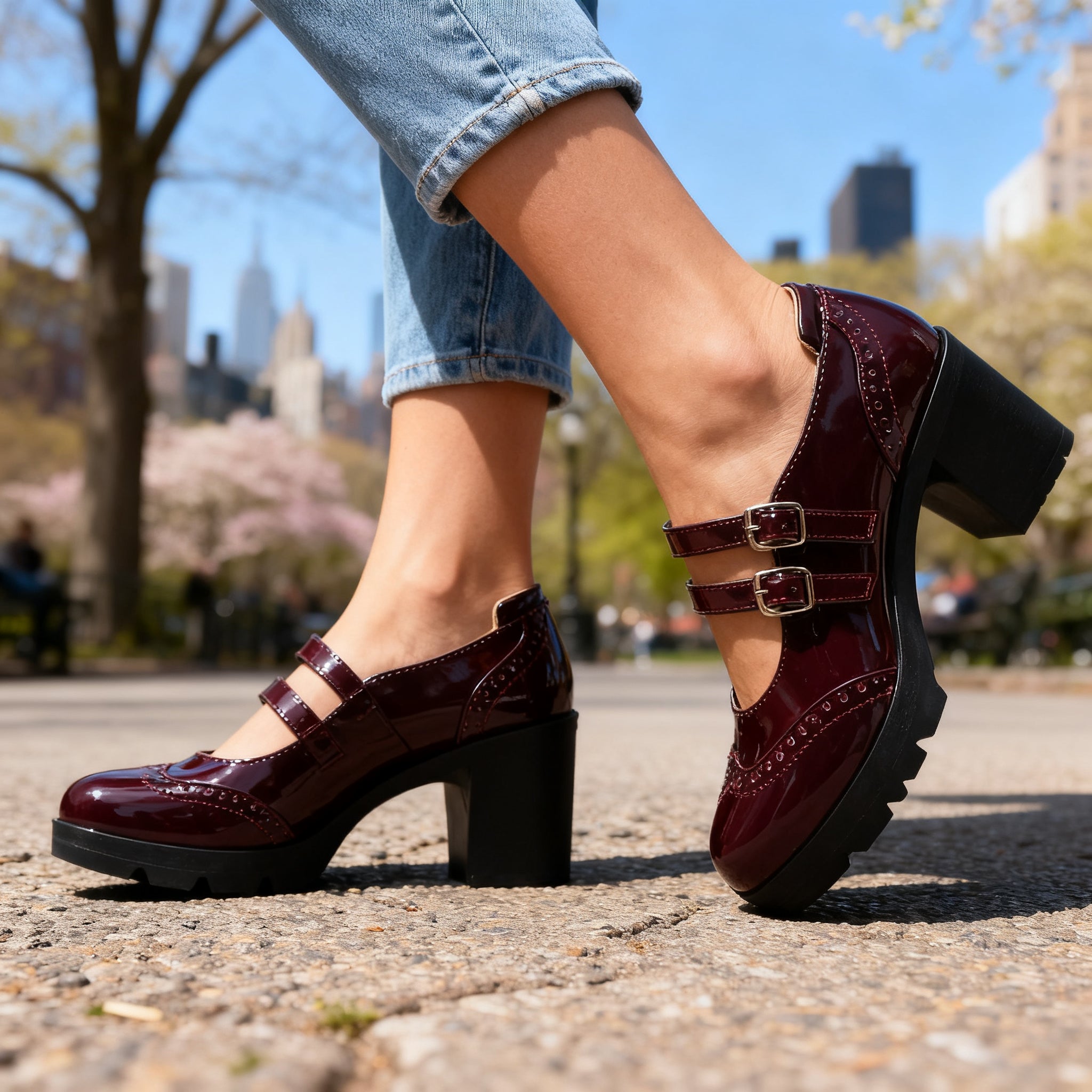 Women's Double Strap Platform Mary Jane Heels | Chunky Vintage Block Heels