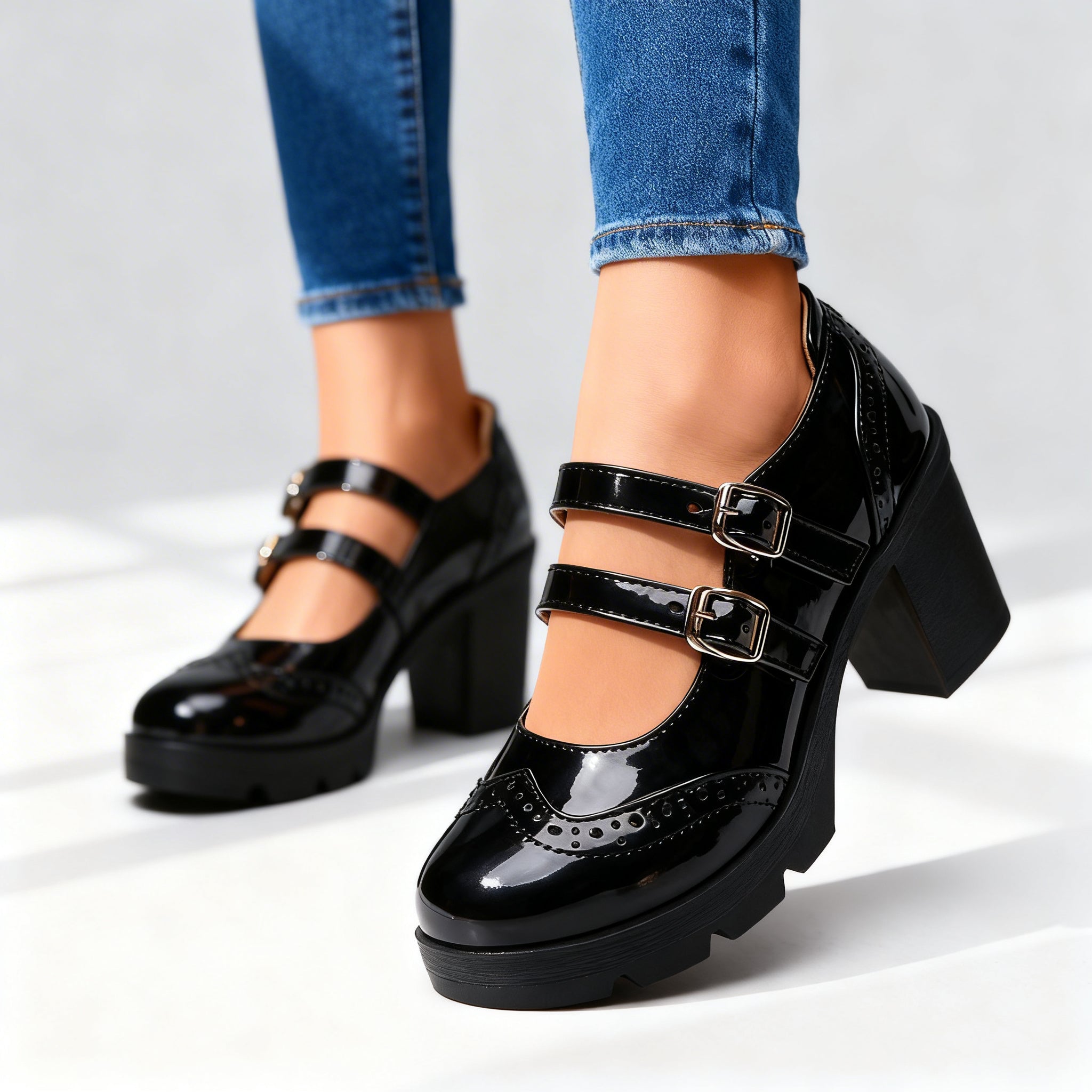 Women's Double Strap Platform Mary Jane Heels | Chunky Vintage Block Heels