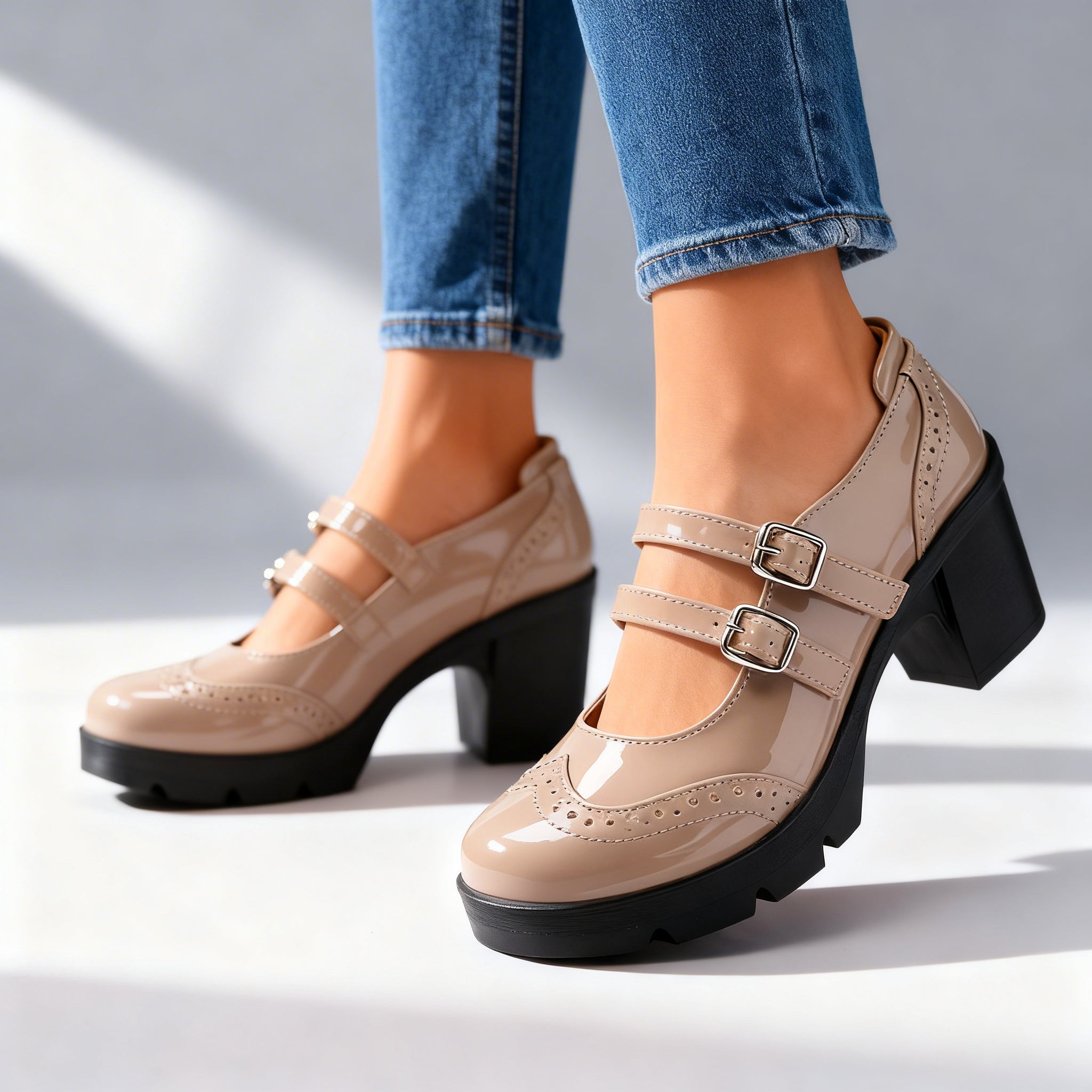 Women's Double Strap Platform Mary Jane Heels | Chunky Vintage Block Heels