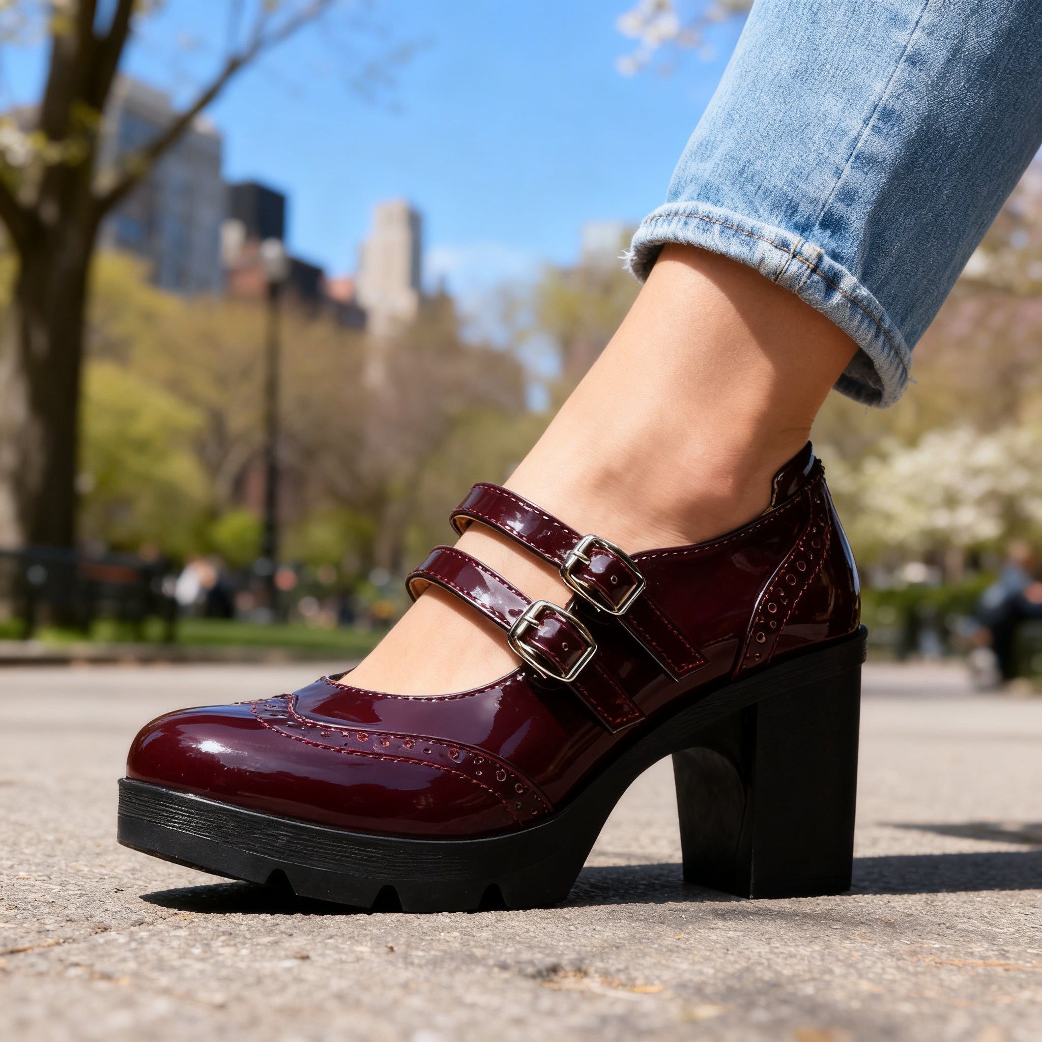 Women's Double Strap Platform Mary Jane Heels | Chunky Vintage Block Heels