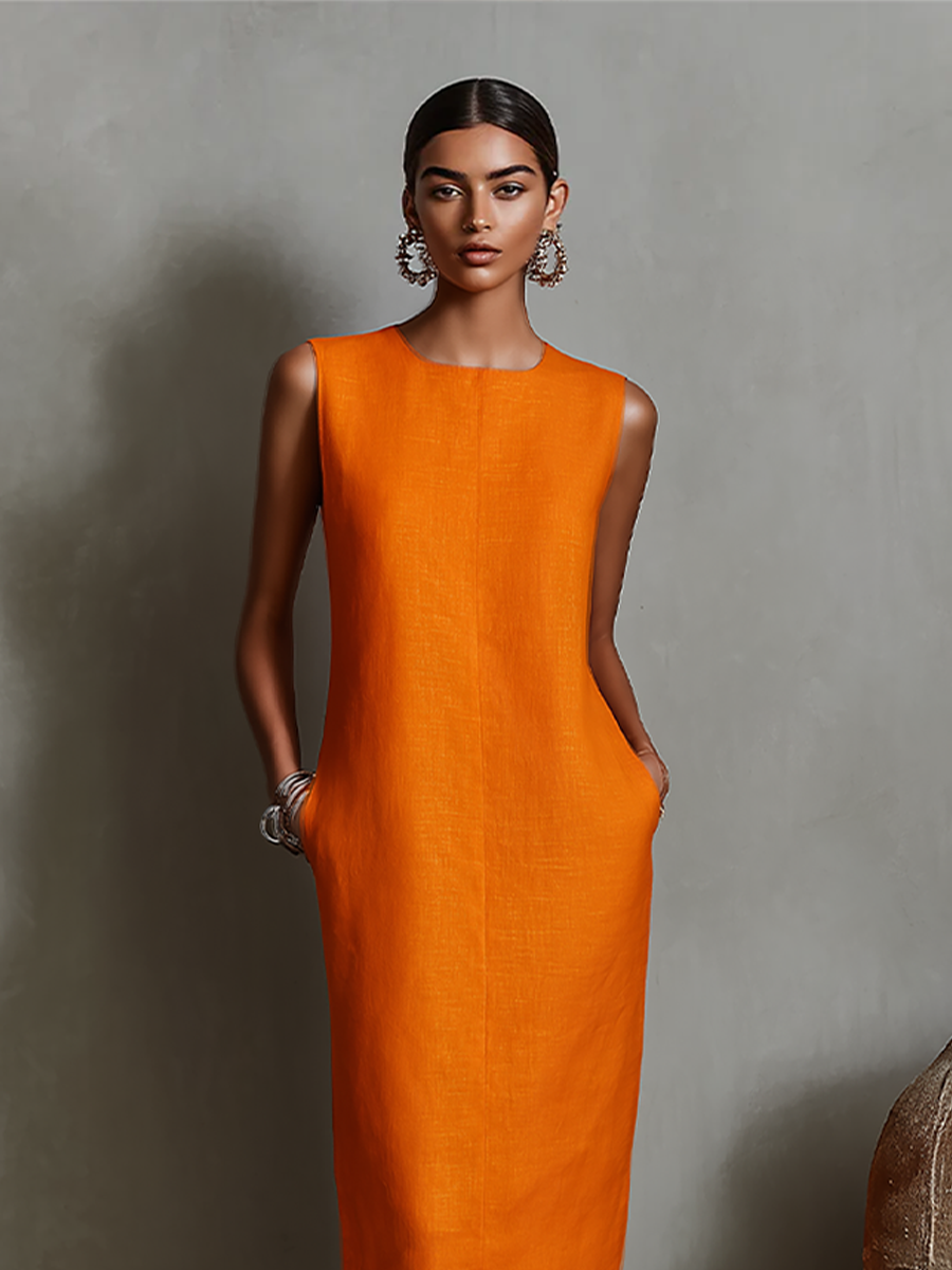 Women's Sheath Dress | Sleeveless Round-Neck Midi Dress with Pockets