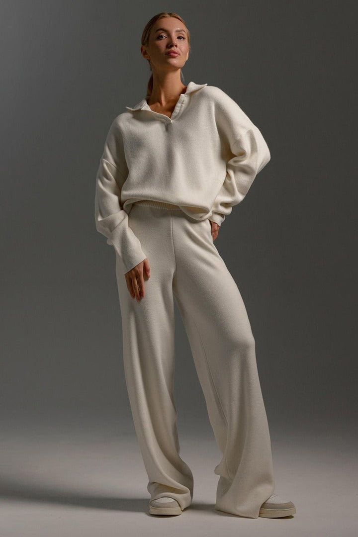 Duttini | Polo Collar Knit Pullover and Wide-Leg Pants Set