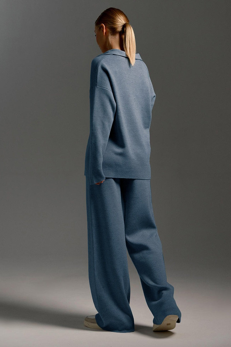 Duttini | Polo Collar Knit Pullover and Wide-Leg Pants Set