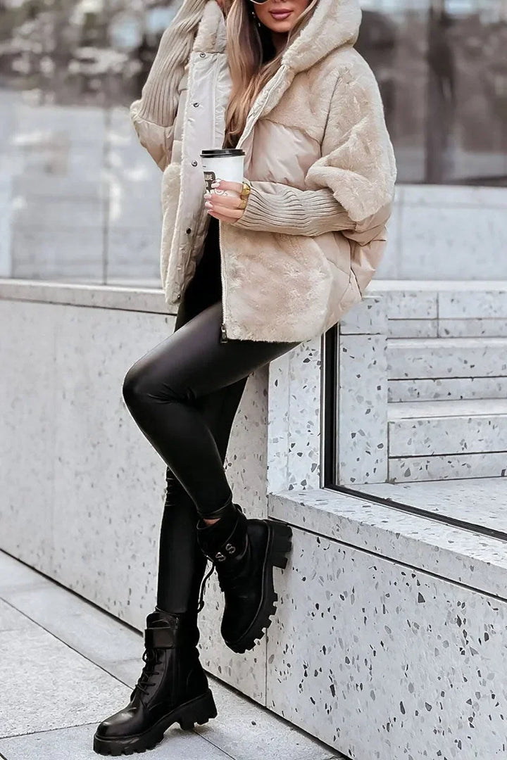 Quilted Winter Cape with Hood and Faux Fur Collar