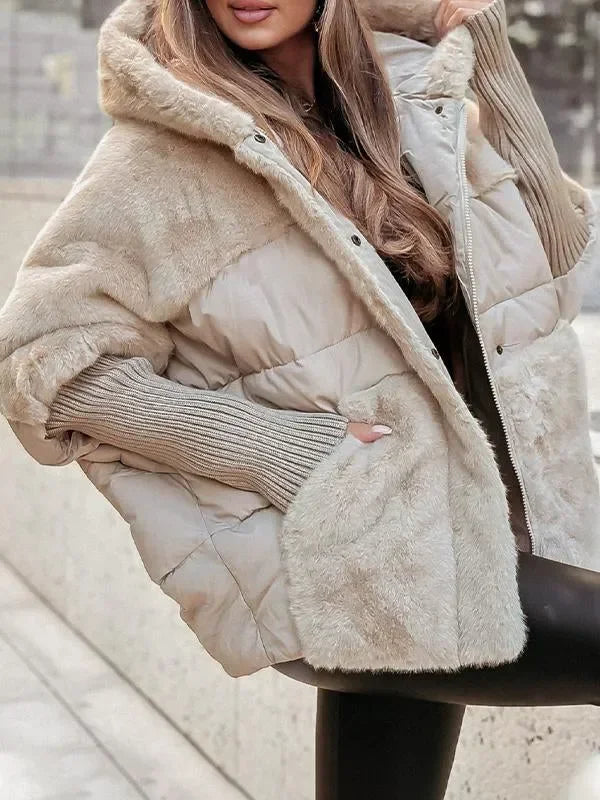 Quilted Winter Cape with Hood and Faux Fur Collar