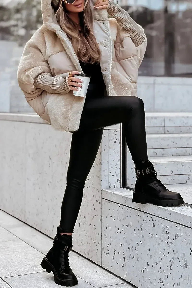 Quilted Winter Cape with Hood and Faux Fur Collar
