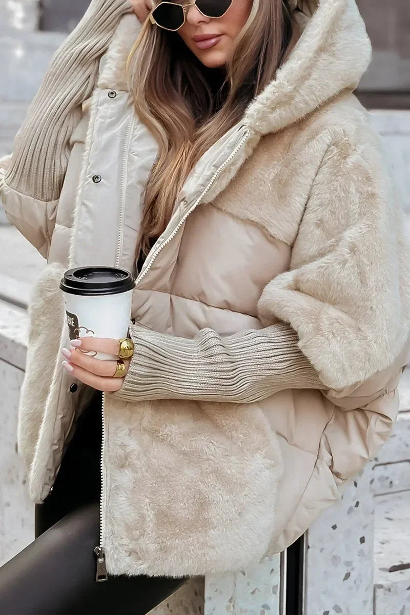 Quilted Winter Cape with Hood and Faux Fur Collar