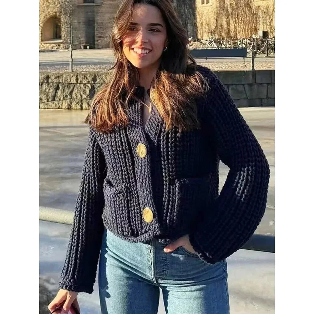 Women's Navy Blue Buttoned Cardigan Casual Fit