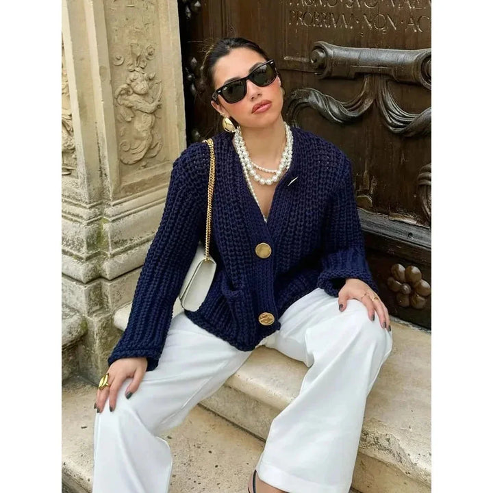 Women's Navy Blue Buttoned Cardigan Casual Fit
