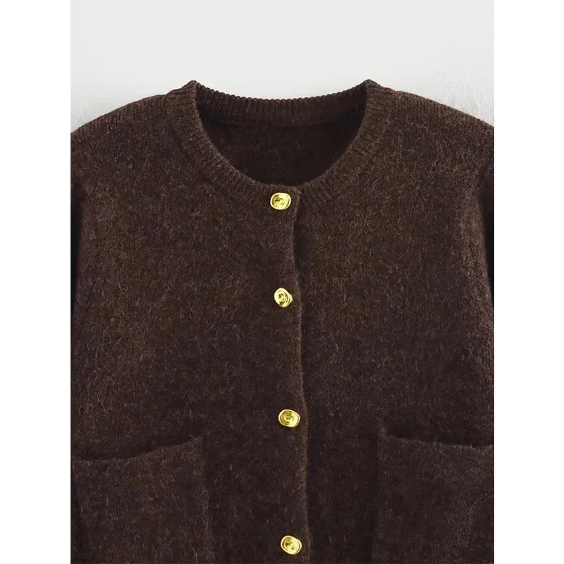 Brown Knit Cardigan for Women with Practical Pockets