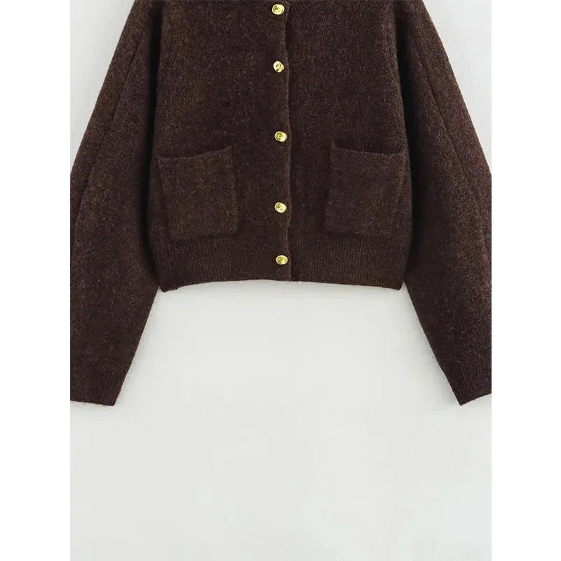 Brown Knit Cardigan for Women with Practical Pockets