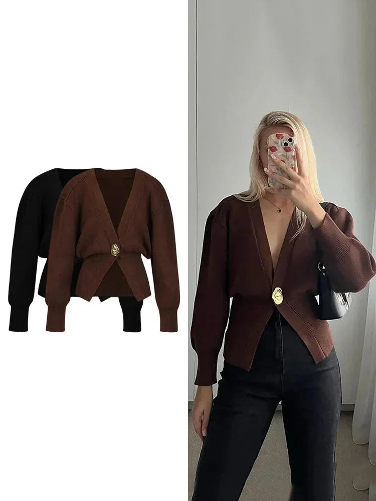 Women's V-Neck Cardigan with Gold Buttons