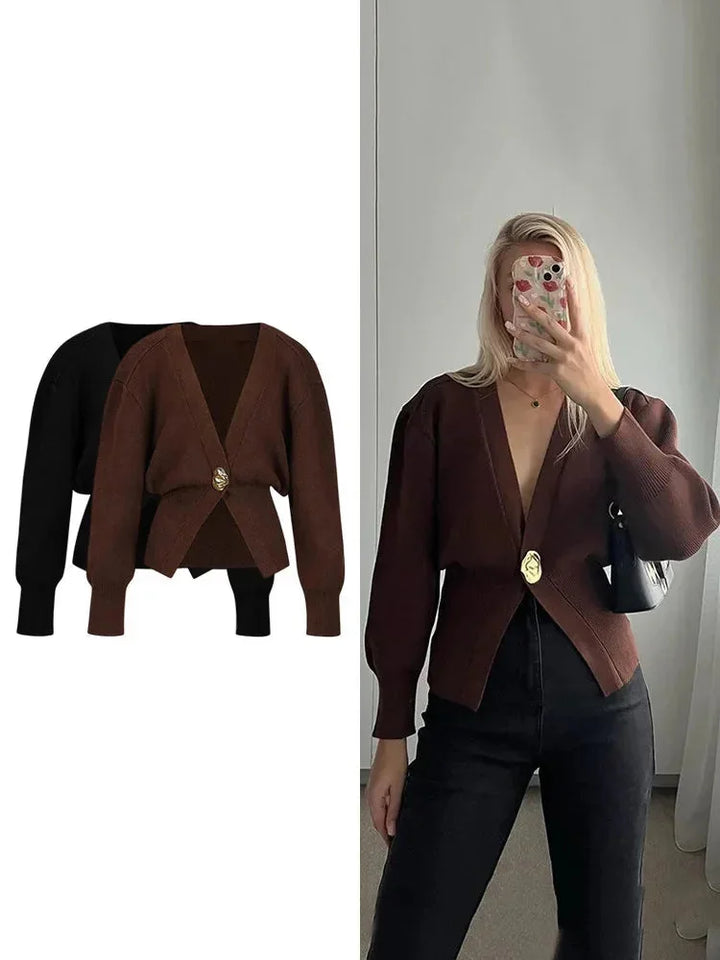 Women's V-Neck Cardigan with Gold Buttons