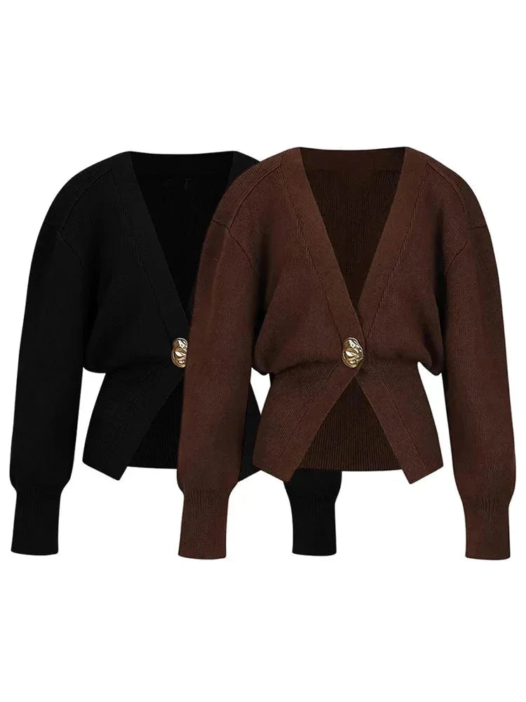 Women's V-Neck Cardigan with Gold Buttons