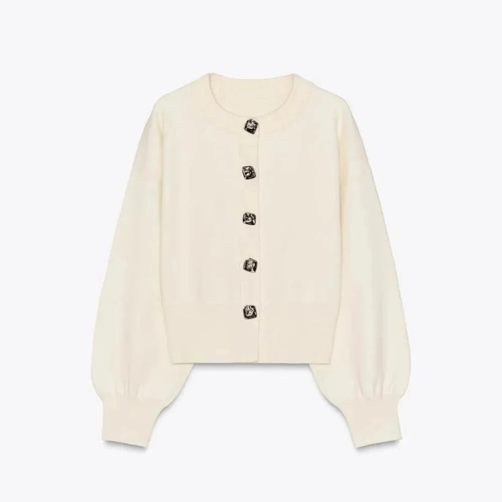 Women's Cream Cardigan with Stylish Buttons and Long Sleeves