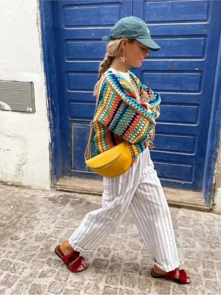 Women's Rainbow Striped Knit Cardigan