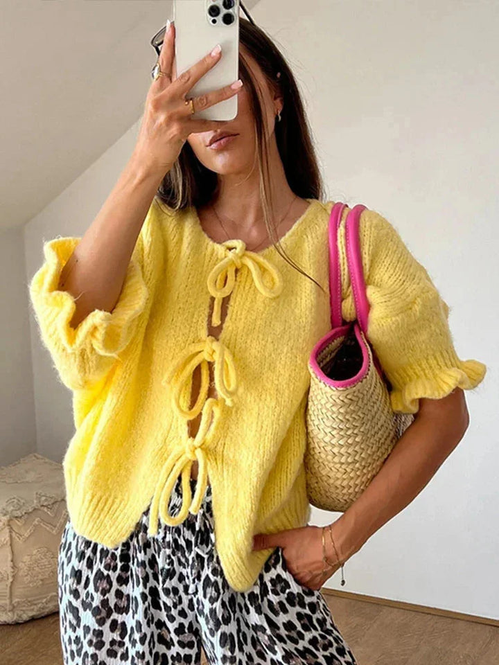 Women's Yellow Cardigan with Knots and Open Front