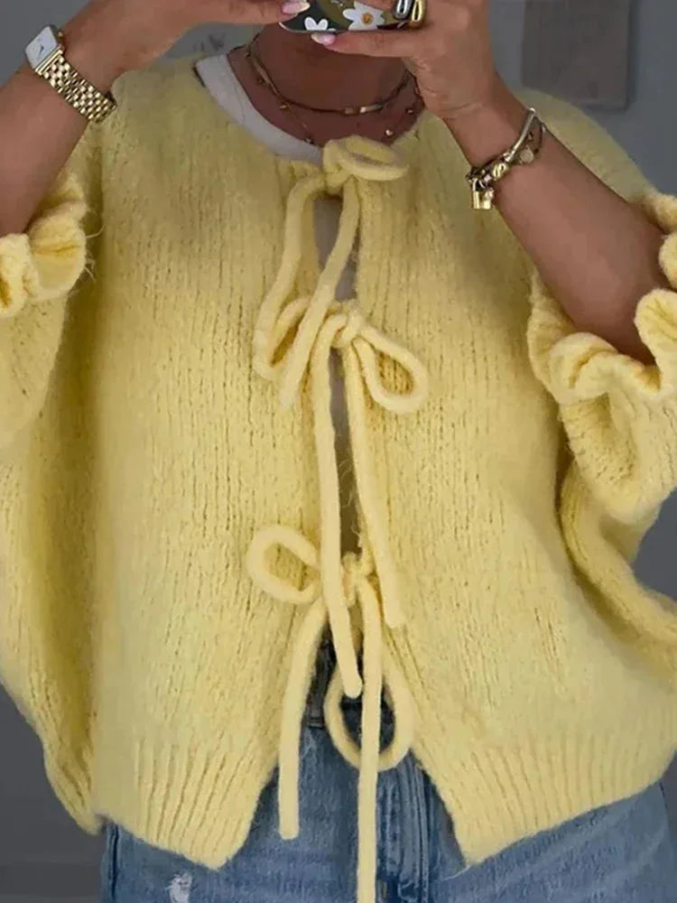 Women's Yellow Cardigan with Knots and Open Front