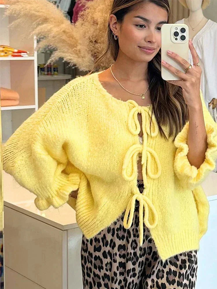 Women's Yellow Cardigan with Knots and Open Front